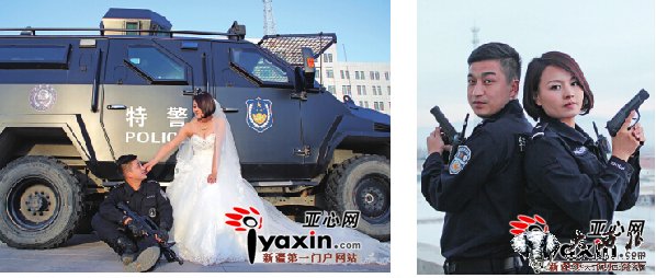 新疆伊寧一對警察情侶裝甲車前拍婚紗照