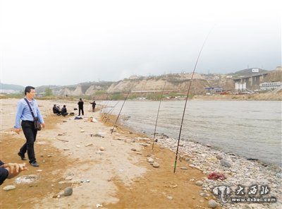 十幾個(gè)釣魚(yú)竿整齊地排在河邊